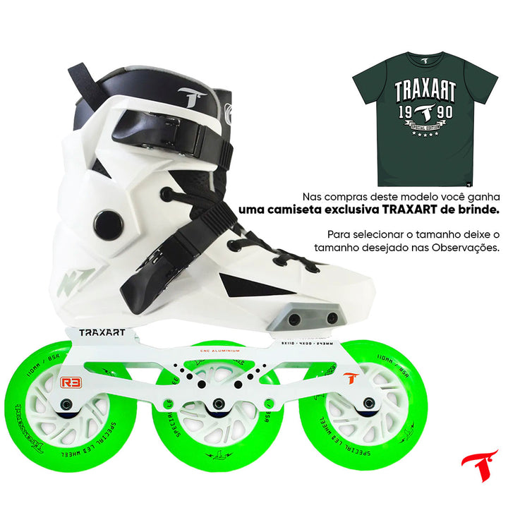 Patins Revolt Branco + Base Híbrida Branca + Rodas LED Verde 110mm