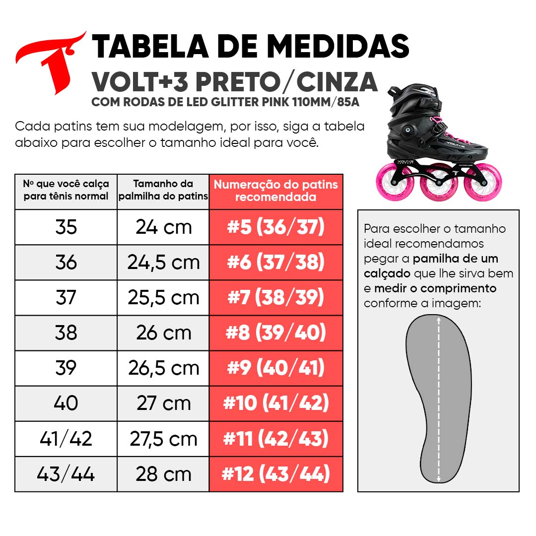 Patins Volt+3 com Rodas de LED Glitter Pink 110mm/85A