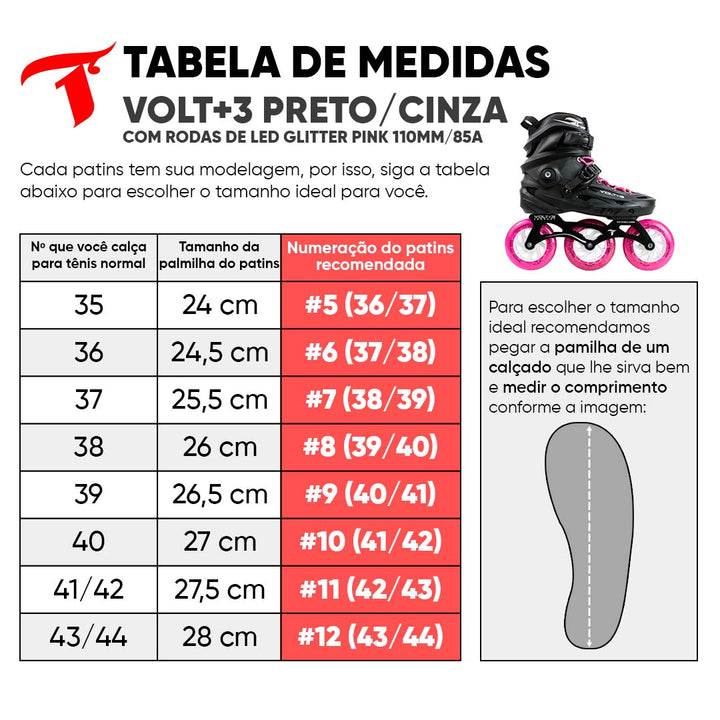 Patins Volt+3 com Rodas de LED Glitter Pink 110mm/85A