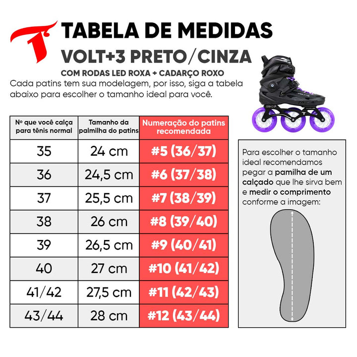 Patins Volt+3 com Rodas de LED Roxa 110mm/85A