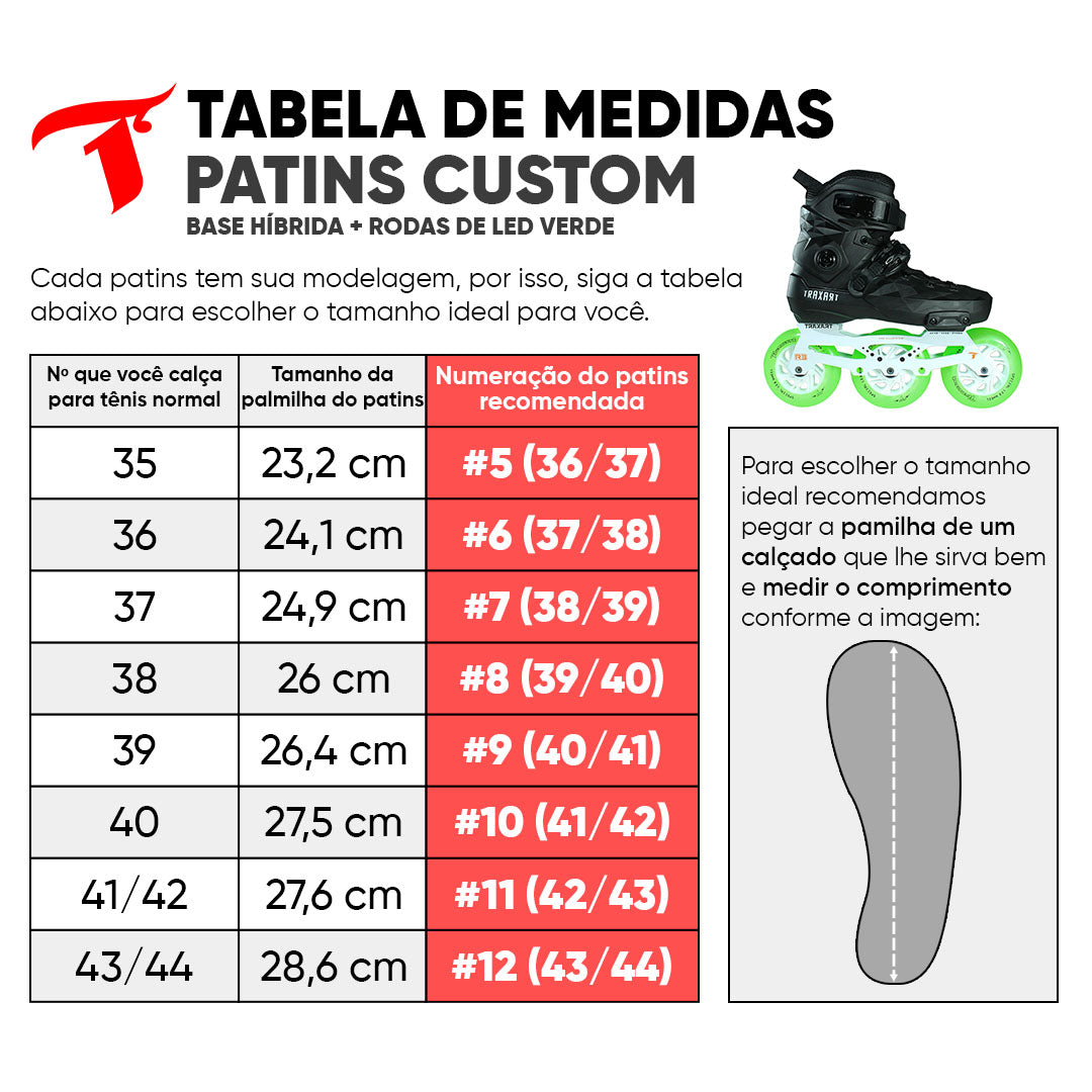 Patins Custom + Base Híbrida Branca + Rodas de LED 110mm Verde