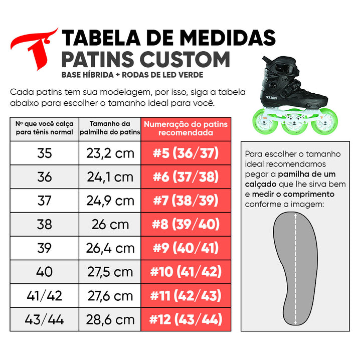 Patins Custom + Base Híbrida Branca + Rodas de LED 110mm Verde