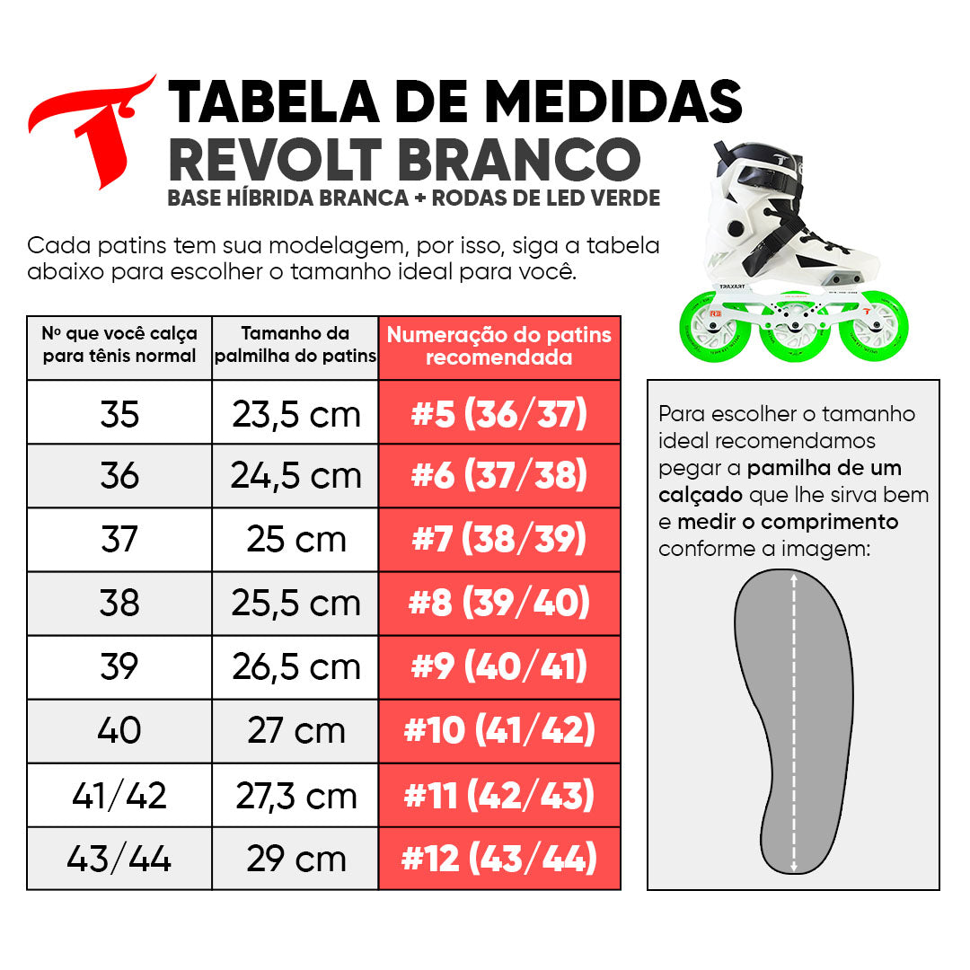Patins Revolt Branco + Base Híbrida Branca + Rodas LED Verde 110mm