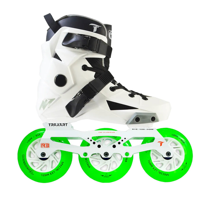 Patins Revolt Branco + Base Híbrida Branca + Rodas LED Verde 110mm
