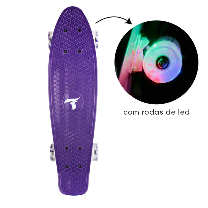 Skate Mini Cruiser Plástico Roxo Com Rodas de Led