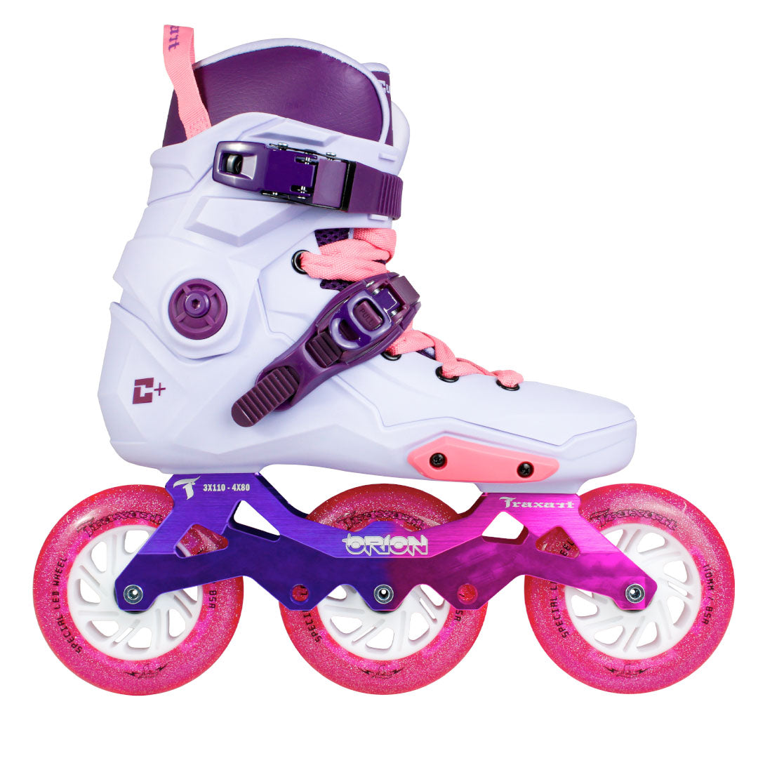 Patins Custom Plus Lilás + Base Híbrida Orion + Rodas LED Pink 110mm