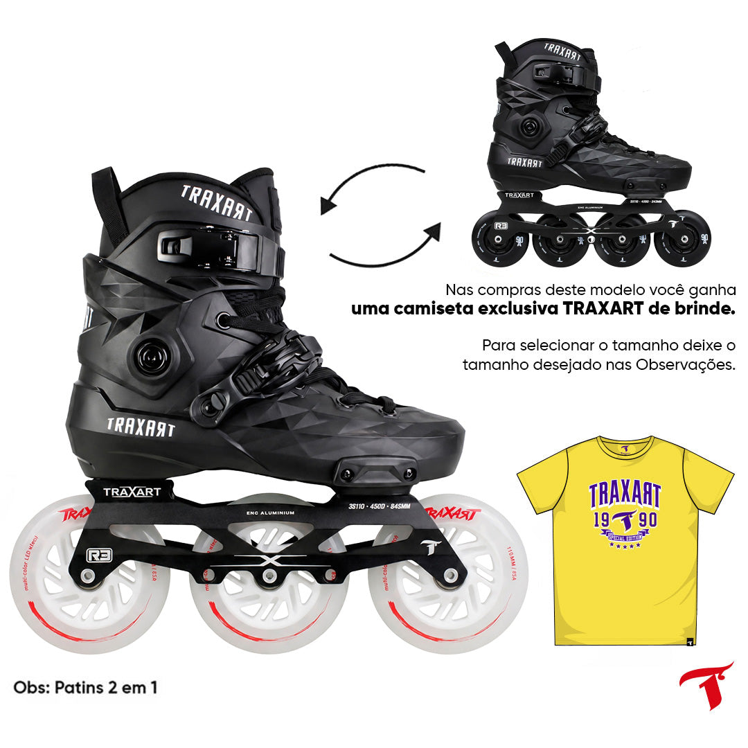 Patins Custom Preto 2 em 1 - 3 Rodas de LED  ou 4 Rodas