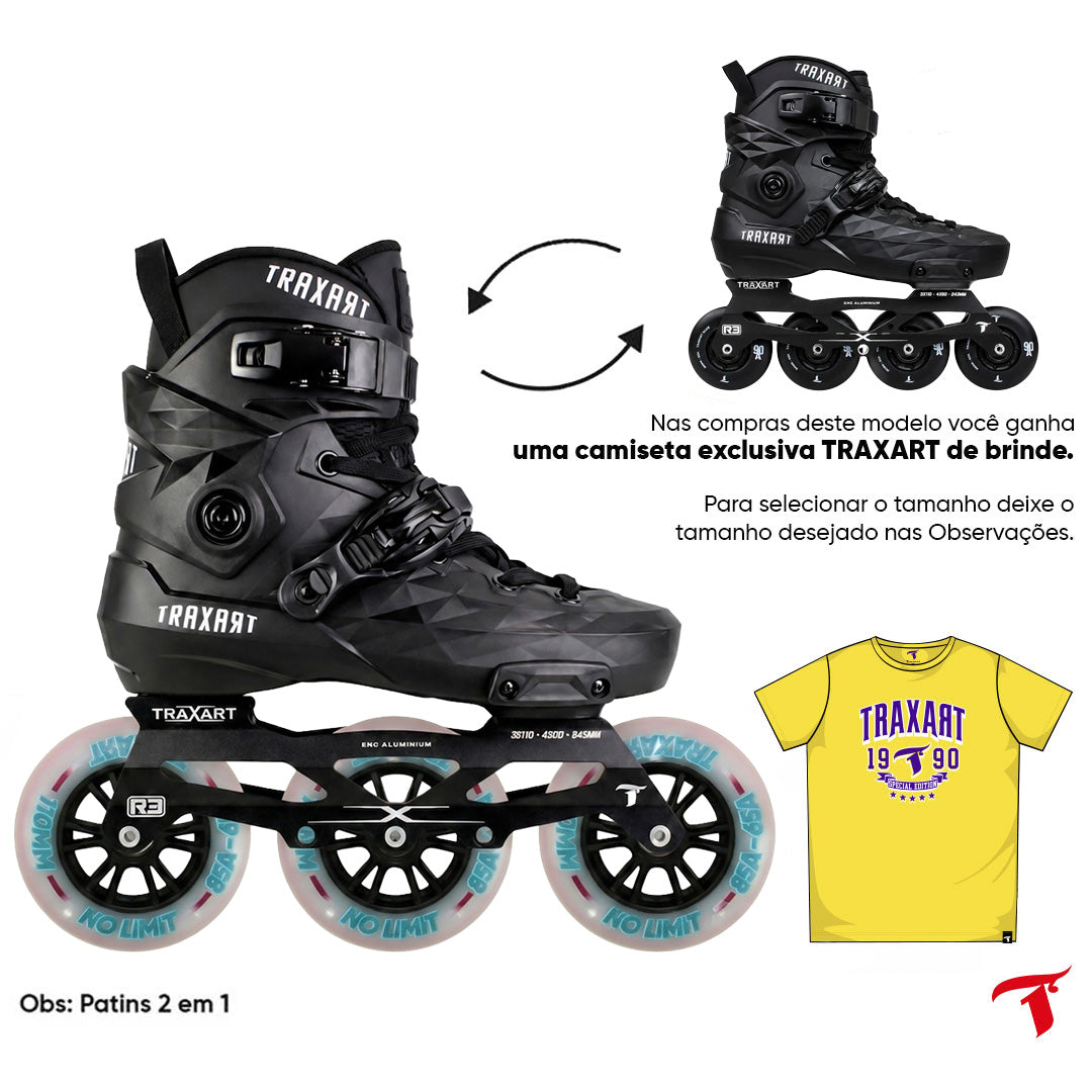 Patins Custom Preto 2 em 1 - 3 Rodas No Limit ou 4 Rodas