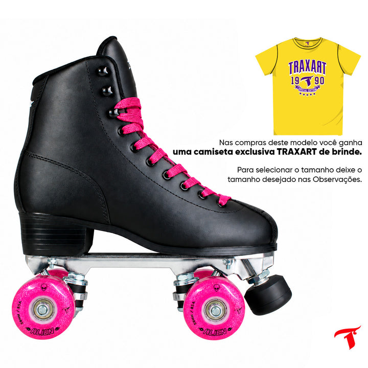 Patins Klassic Preto com Rodas de LED - Rosa
