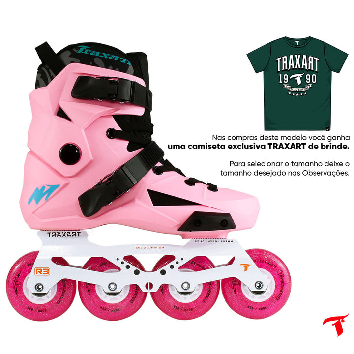 Patins Revolt Rose + Base Híbrida Branca + rodas de LED Glitter Rosa