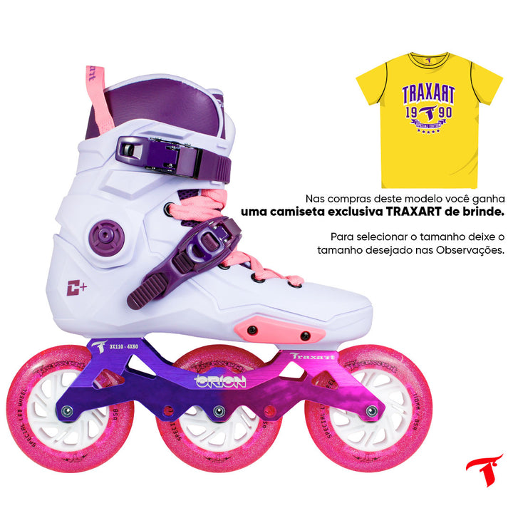 Patins Custom Plus Lilás + Base Híbrida Orion + Rodas LED Pink 110mm
