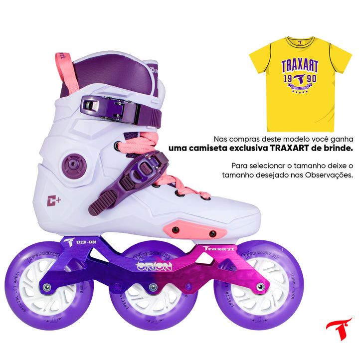 Patins Custom Plus Lilás + Base Híbrida Orion + Rodas LED Roxa 110mm