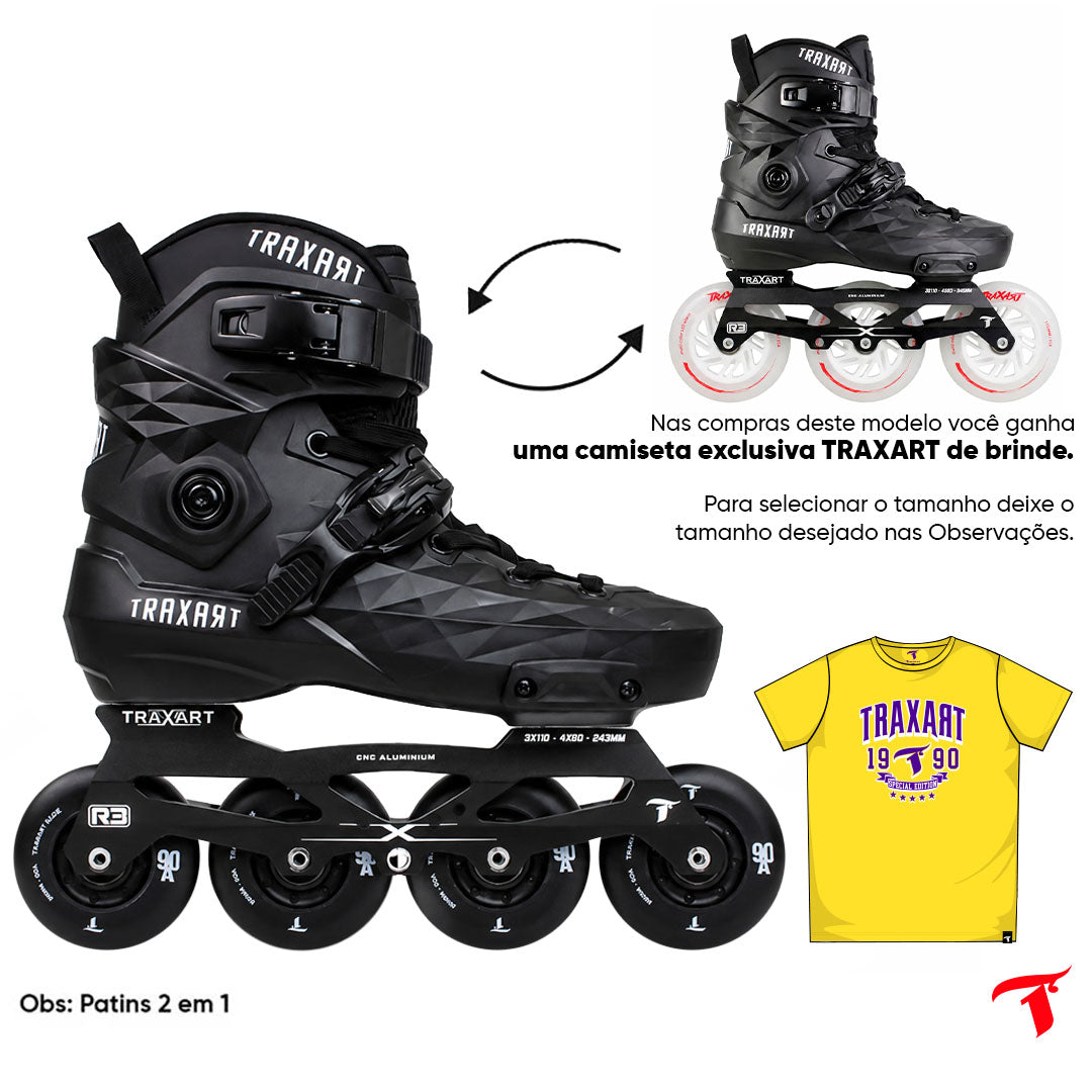 Patins Custom Preto 2 em 1 - 4 Rodas ou 3 Rodas de LED