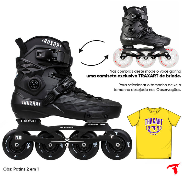 Patins Custom Preto 2 em 1 - 4 Rodas ou 3 Rodas de LED