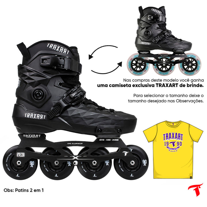 Patins Custom Preto 2 em 1 - 4 Rodas ou 3 Rodas No Limit