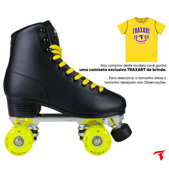 Patins Klassic Preto com Rodas de LED - Amarela