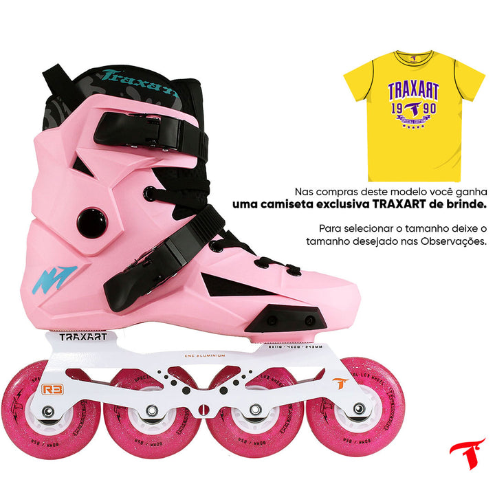 Patins Revolt Rose + Base Híbrida + Rodas de LED Glitter Rosa