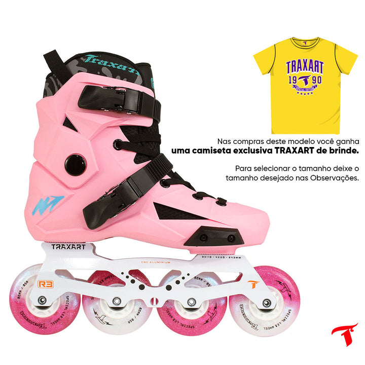 Patins Revolt Rose + Base Híbrida Branca + rodas de LED Glitter Rosa e Branca