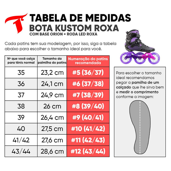 Bota Kustom Carbono Roxo + Base Orion + Rodas LED Roxa 110mm