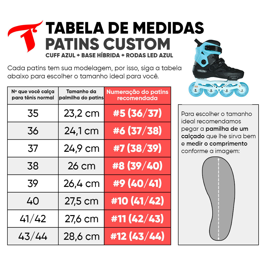 Patins Custom com Cuff Azul + Base Híbrida + Rodas de LED 80mm Azul