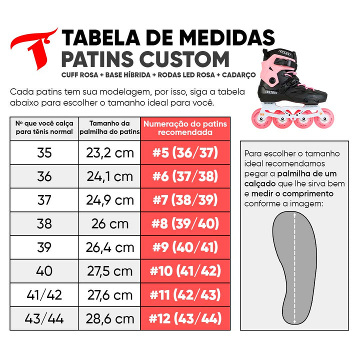 Patins Custom com Cuff Rosa + Base Híbrida + Rodas de LED 80mm Rosa