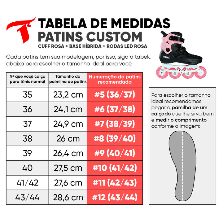 Patins Custom com Cuff Rosa + Base Híbrida + Rodas de LED 80mm Rosa