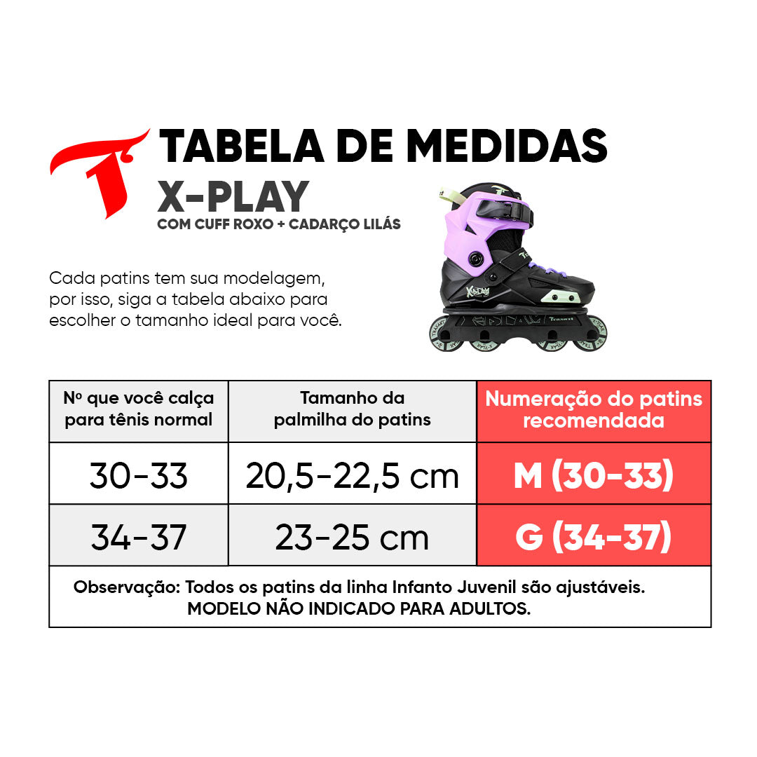 Patins Infantil X-Play + Cuff Lilás + Cadarço Lilás