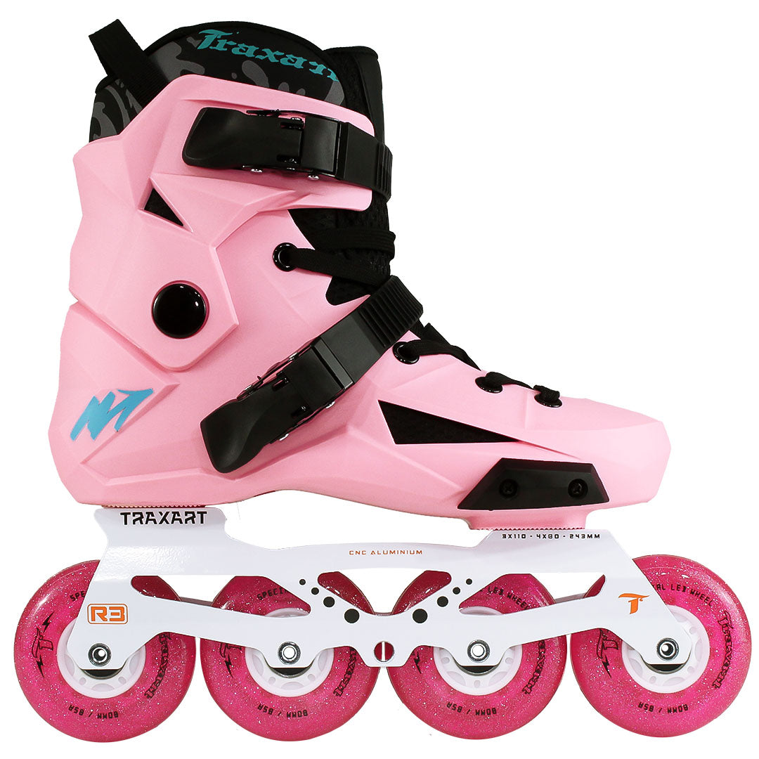 Patins Revolt Rose + Base Híbrida Branca + rodas de LED Glitter Rosa